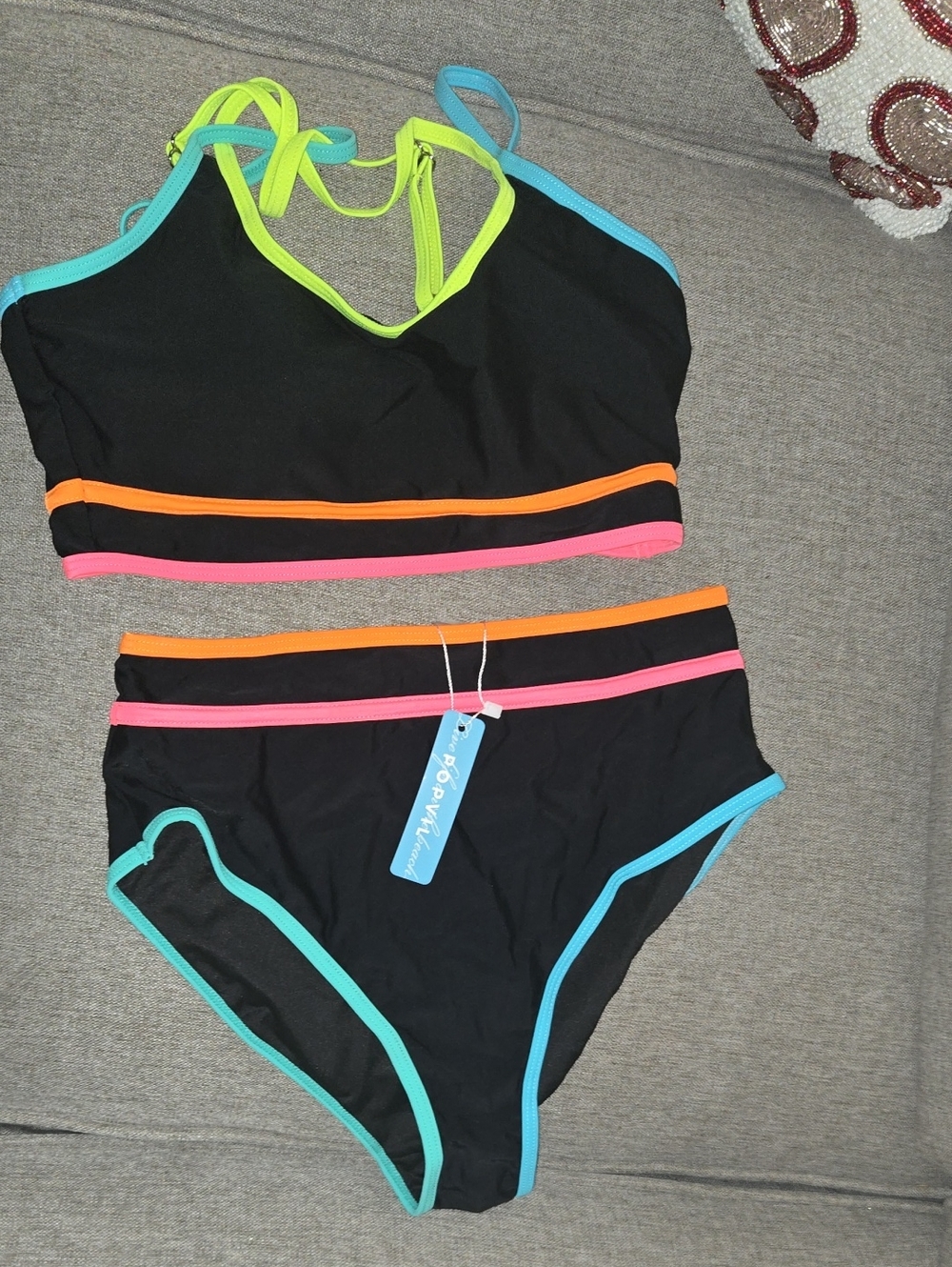 Black High-Waist Two-Piece Swim Set with Neon Trim